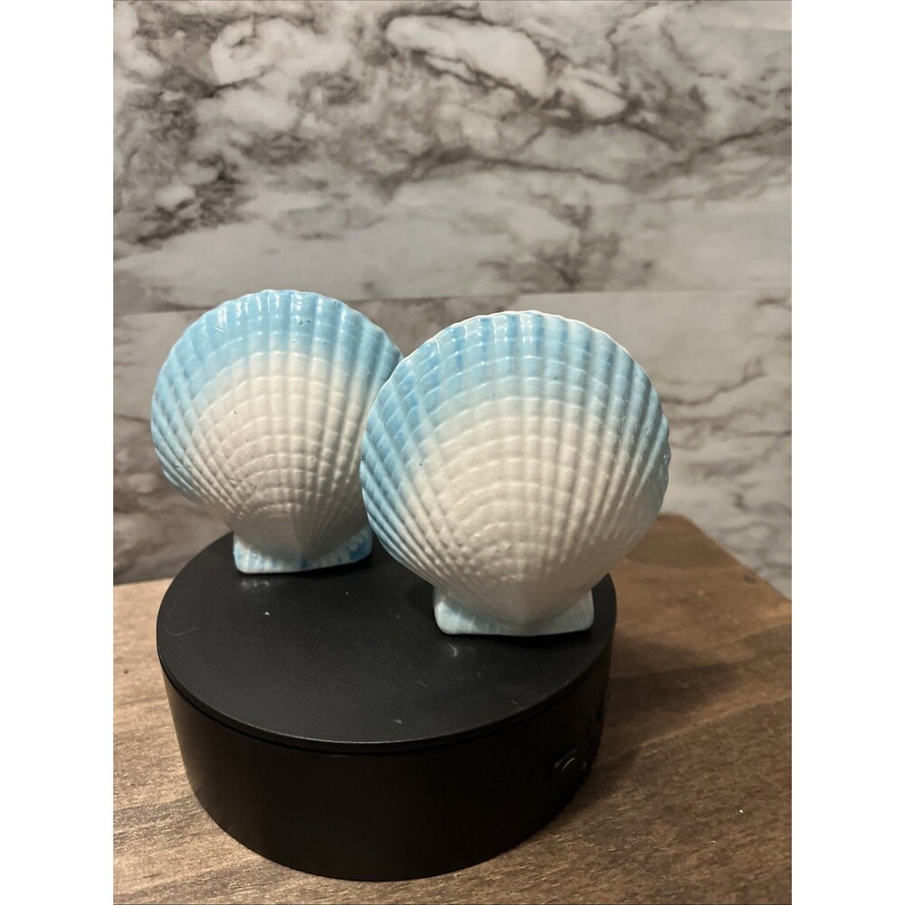 Blue Vintage Sea Shell Salt & Pepper Shakers Blue & White Made In Japan Coastal